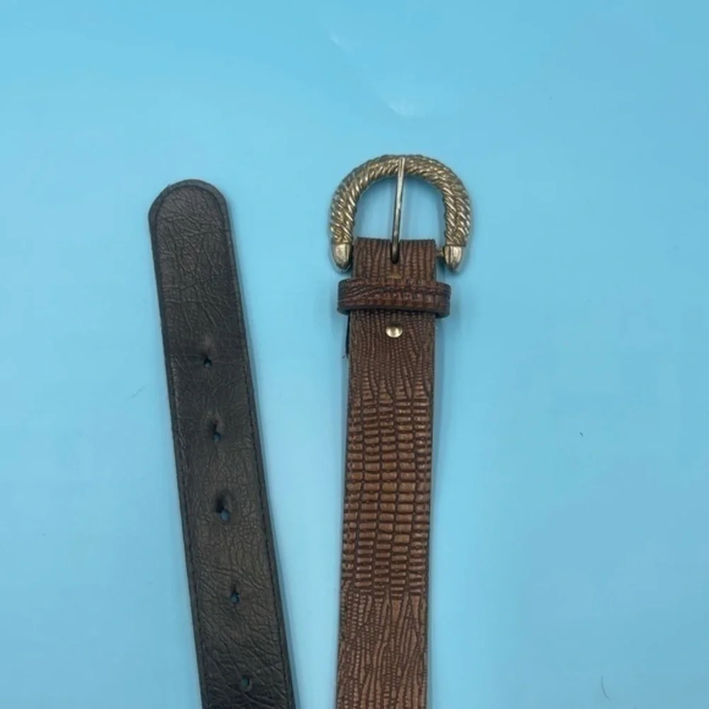Vintage Genuine Leather Brown Engraved Buckle Belt